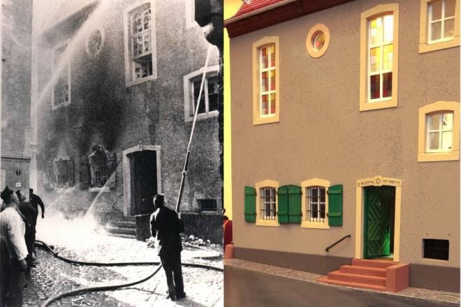 Links ist eine Aufnahme aus dem Jahre 1938 zu sehen: Die Mosbacher Synagoge steht in Brand. Im rechten Bildausschnitt ist das nachgebaute Modell im gleichen Blickwinkel dargestellt. ©Stadt Mosbach