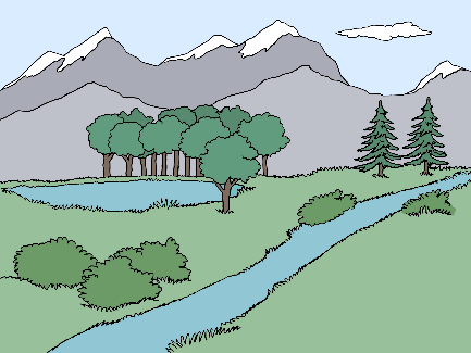 Landschaft mit Bergen Fluss und Wald